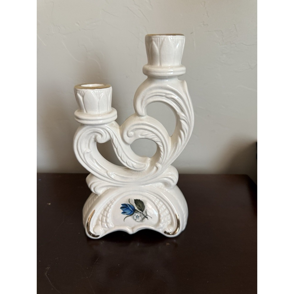 Vintage California Pottery USA Ceramic Floral Candlestick Gold Accent